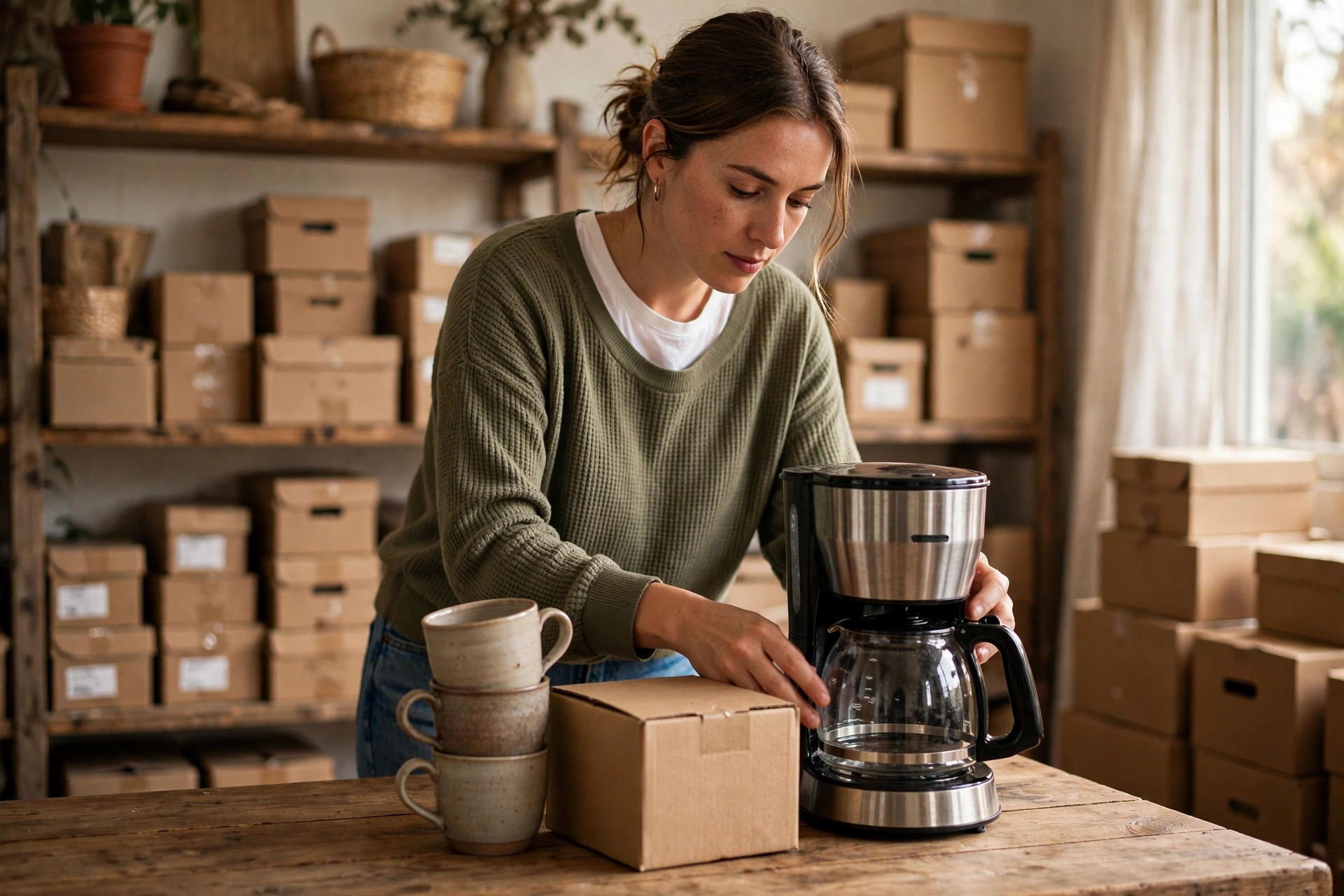 A reseller grouping a coffee maker, stacked mugs, and a boxed item as one bundle on a table