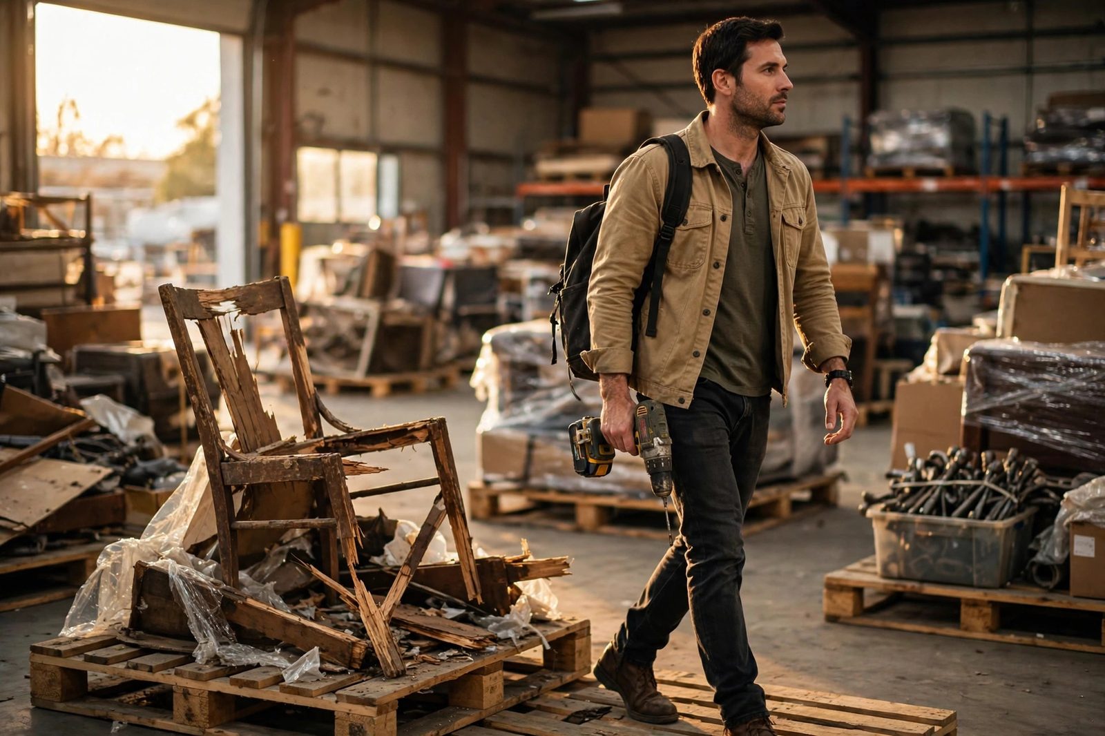 A reseller with a drill walking past a broken chair at an auction preview