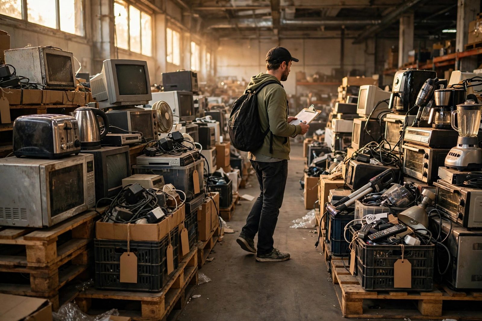 A flipper with a clipboard walking an aisle of as-is electronics lots