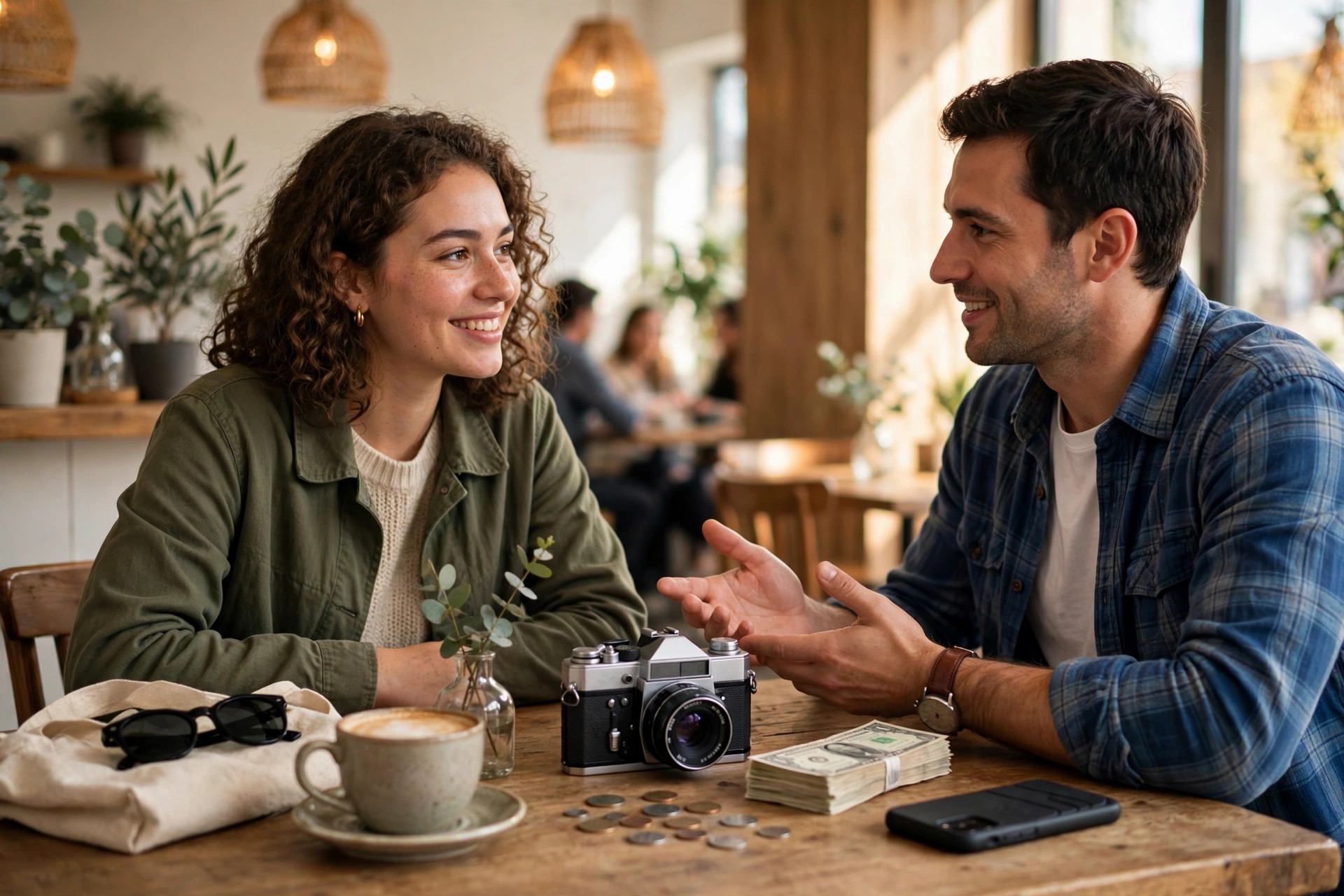 Two people at a cafe table talking over a vintage camera, with cash on the table