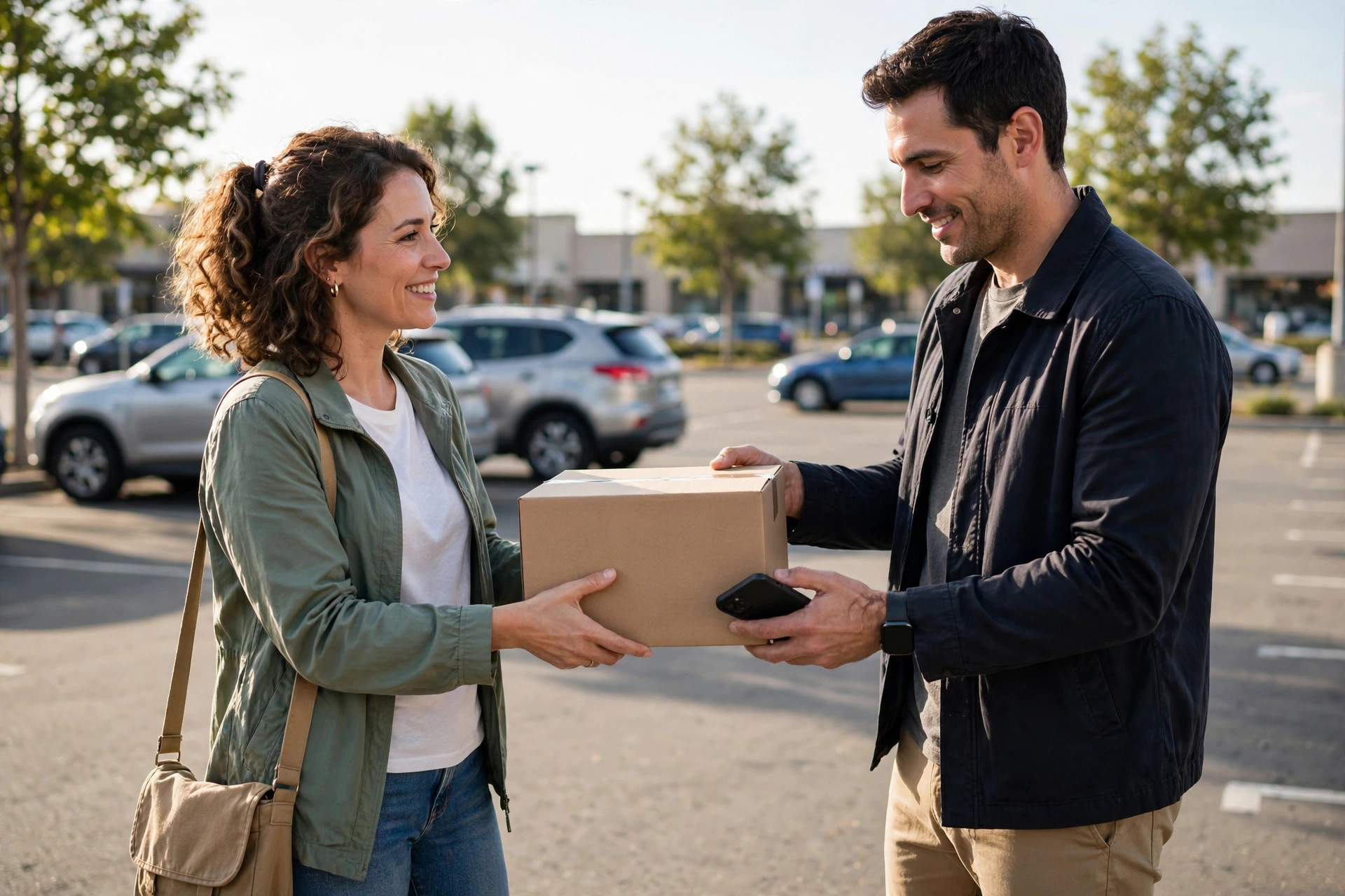 Two people exchanging a plain boxed item in a bright public parking lot, one holding a phone