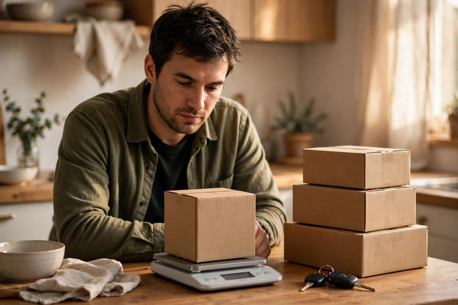 A reseller weighing a boxed item on a kitchen scale beside stacked shipping boxes and car keys
