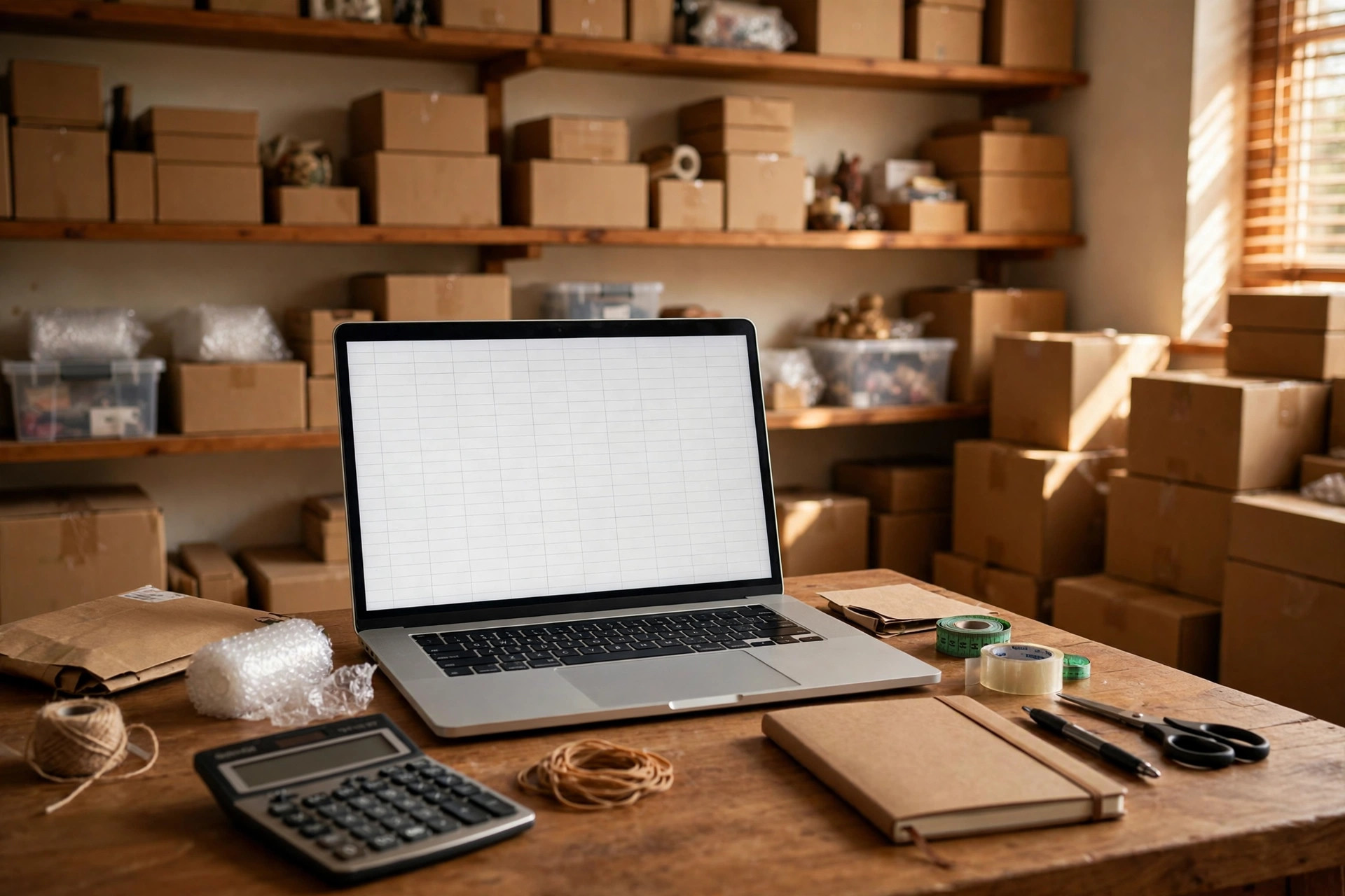 A laptop with a blank spreadsheet grid on a desk with a calculator, notebook, and shelves of boxed inventory